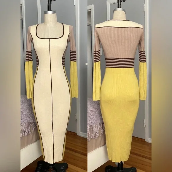 Fashion Nova | Dresses | Womens Fashion Nova Color Block Long Dress In Size  M Biege Brown Chartreuse | Poshmark